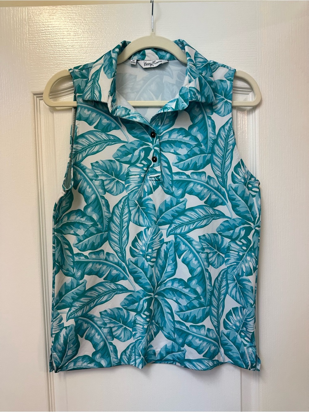 Kenny Flowers Teal Leaf Print Sleeveless Collared Golf Shirt